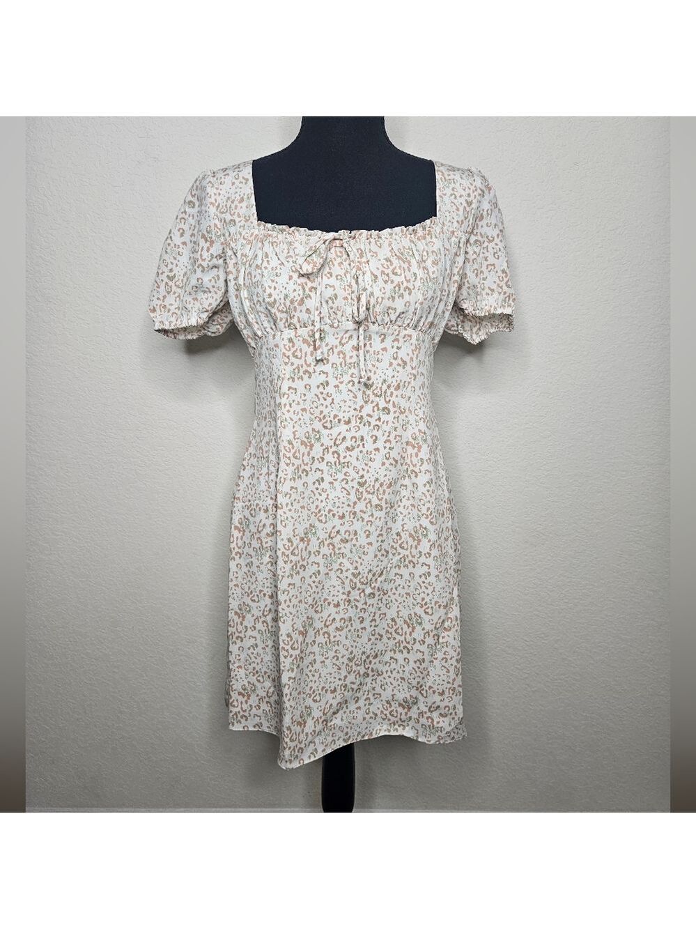 Sage The Label Milkmaid Leopard Print Puff Sleeve Crossover Back Mini Dress NWT